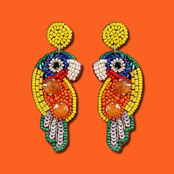 Jeweled & Seed Beaded Tropical Parrot Resort Style Statement Earrings NEW - Picture 3 of 4